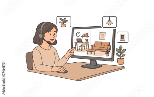 virtual interior designer customizing digital spaces for remote work and social life flat vector illustration style isolated on white background