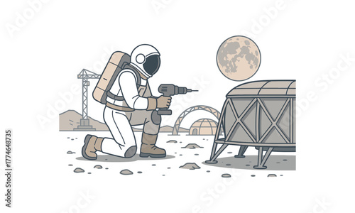lunar construction engineer building infrastructure on the moon for future colonies flat vector illustration style isolated on white background