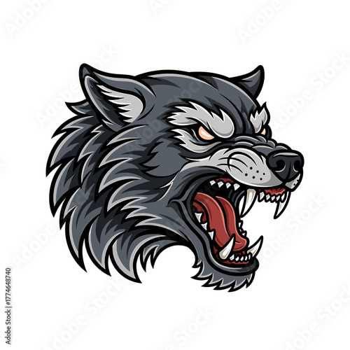 Illustration of a snarling wolf head with visible teeth and fur, isolated on a white background.