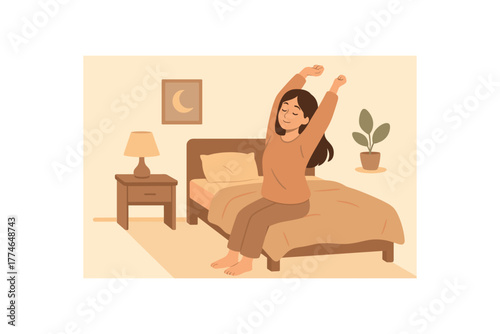 woman stretching before bed relaxed mood quiet evening no outline flat vector illustration style isolated on white background soft gentle tones