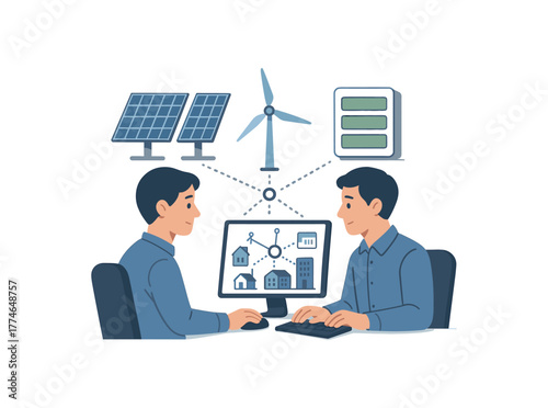 renewable microgrid manager operating decentralized clean energy networks flat vector illustration style isolated on white background