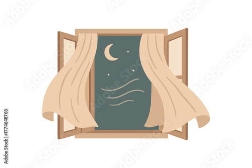 open window night breeze curtains moving calm quiet air no outline flat vector illustration style isolated on white background gentle muted tones