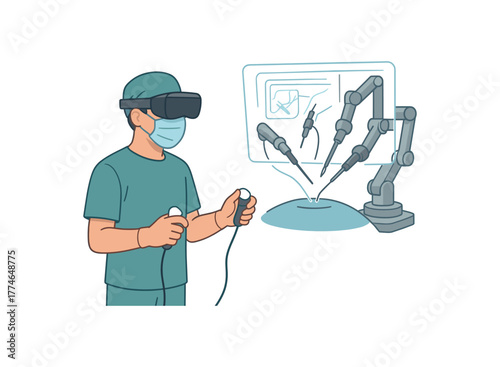 augmented reality surgeon performing remote procedures with precision robotic tools flat vector illustration style isolated on white background