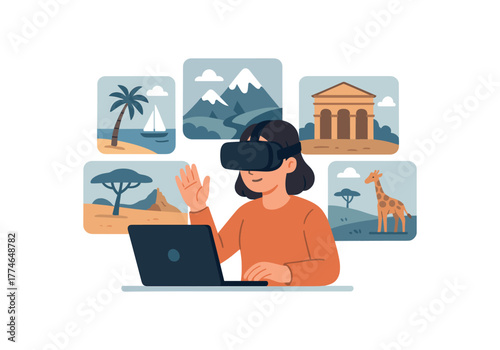 vr travel curator designing immersive tourism experiences digital worlds flat vector illustration style isolated on white background