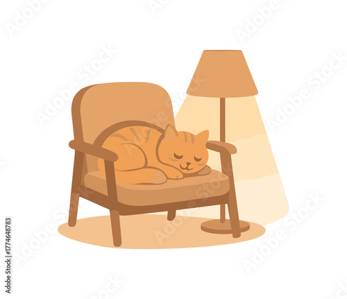cat sleeping on chair warm lamp glow cozy mood no outline flat vector illustration style isolated on white background soft beige tones