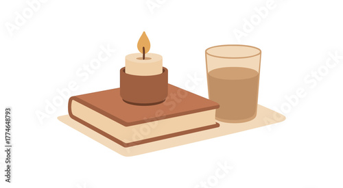 minimal bedside setup book candle and glass of water no outline flat vector illustration style isolated on white background muted warm palette