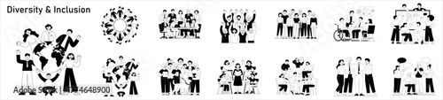 diversity and inclusion vector illustration set with diverse groups of people, black and white collection for community and teamwork concepts