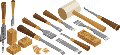 Isometric illustration of woodworking tools including chisels, mallet, and carved wooden blocks for craft, carpentry, and wood sculpture design