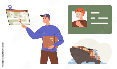 Delivery person holding a package with a clipboard, tracking location via digital map, cargo ship representing global shipping. Ideal for logistics, delivery, navigation, e-commerce, transportation