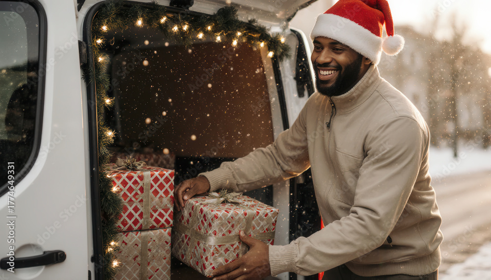 Fototapeta premium An african american man wearing a festive Santa hat smiles as he lifts colorful Christmas gifts from the back of a van. Snow gently falls around him in a cheerful winter setting.