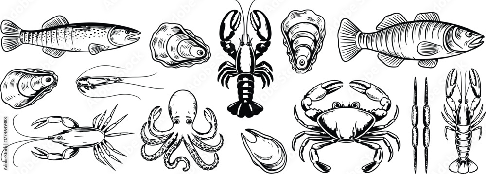Obraz premium Seafood collection with fish lobster crab octopus oysters