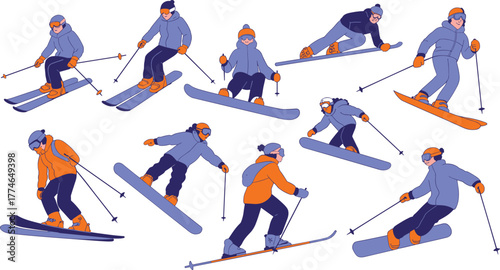 Stylized illustration of winter sports athletes skiing and snowboarding on snowy slopes wearing colorful gear, goggles, helmets, and winter jackets