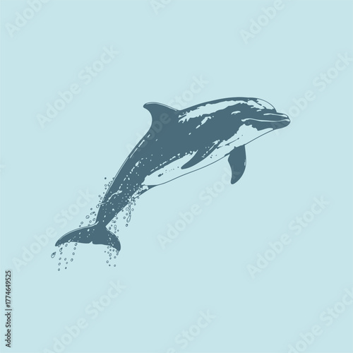 Dolphin gracefully leaping out of calm blue waters, showcasing its agility against a serene backdrop