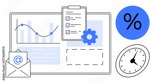 Dashboard with graph, checklist on clipboard, gear, email icon, clock, and percentage sign. Ideal for analytics, strategy, productivity business planning time management teamwork simple flat