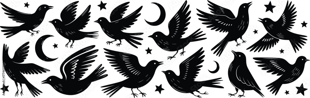 Obraz premium Black birds moons stars flying silhouette
