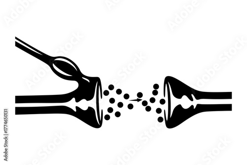 Illustration of a scientific experiment showing particles transferring between two glass containers