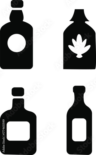 Alcohol bottle icons sets. Bottle symbol. Editable stroke. Vector illustration. Vector set of wine and liquor bottles silhouette icons for bar. Set of silhouettes of liquor bottles
