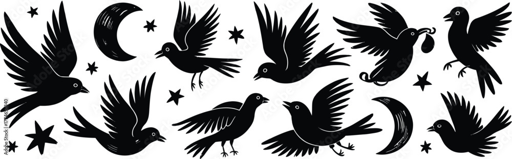 Fototapeta premium Black birds moons stars silhouette Bundle flying crescent