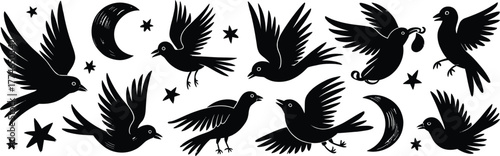 Black birds moons stars silhouette Bundle flying crescent