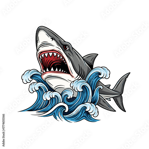 A stylized illustration of a great white shark breaching through ocean waves.