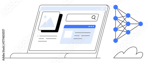 Laptop displaying search interface with image, text elements, connected neural network nodes, and cloud. Ideal for AI, technology, innovation, search machine learning analytics future. Simple flat