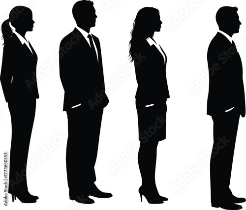 Business Silhouettes of Professional Men and Women Standing in Line for Corporate Diversity, Workplace Team, and Formal Vector Illustration