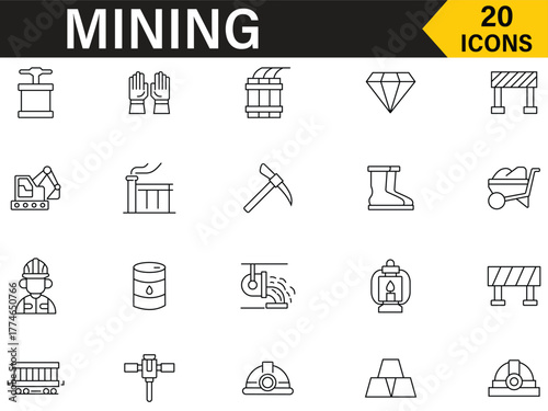 Mining icon set collection. Gold, mine, diamond, pickaxe, coal wagon and more. Set of 20 line icons related to mining. Vector illustration.
