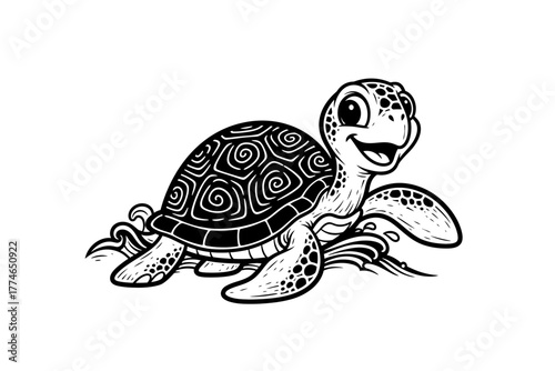 Playful cartoon turtle swimming joyfully in ocean waves with intricate patterns and cheerful expression