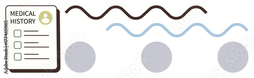 Medical history report on clipboard with text and simplified symbolic health patterns. Ideal for healthcare analysis, diagnostics, patient charting, clinical research, health tracking, data