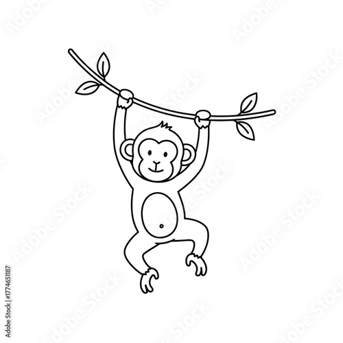 Playful monkey hanging from a branch in a vibrant jungle setting with lush greenery around