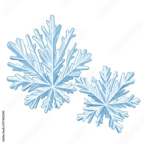 Dendritic ice crystal snowflakes in light blue color on white background  