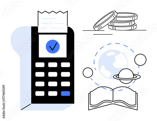Payment terminal printing receipt, stack of coins, open book with globe and planetary symbols. Ideal for education, global economy, finance, e-commerce, learning innovation simplicity. A simple