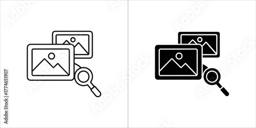 Two image icons with a magnifying glass, outline and filled versions