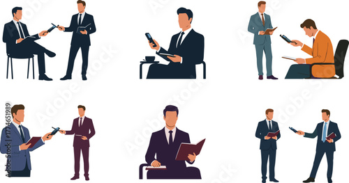 Businessmen in formal suits holding microphones and documents, professional office communication, corporate discussion, teamwork presentation, leadership, negotiation, interview, conference