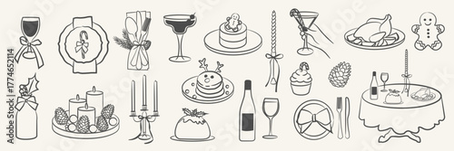 Vintage Christmas dinner doodles set. Hand drawn holiday table elements with wine, roast chicken, candles, pinecones, and festive decorations. minimalist line art for invites, menus, sticker.