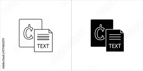 Copyright symbol and text document icon, black and white outline