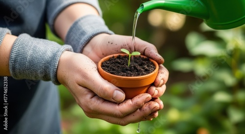 A person's hands holding a small plant pot with a young plant inside, being watered by a green watering can in a garden setting.