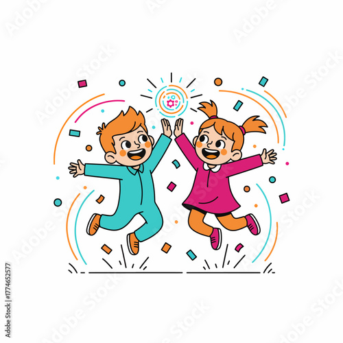 Happy children jump high five celebrating great team success