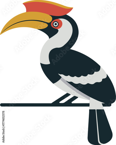 Hornbill bird vector illustration showcasing a tropical avian species with a large beak and vibrant plumage