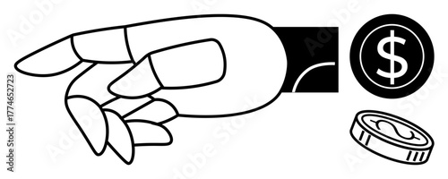 Robotic hand holding coin near dollar sign, representing technology, finance, digital economy, innovation, future trends, wealth management. Ideal for AI, fintech automation investment future