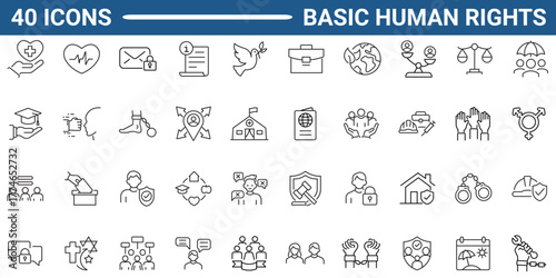 Basic Human Rights Web Icon Set in Line or outline Style. Icon For Web and Mobile App. Linear icon collection. Editable stroke. Vector illustration.