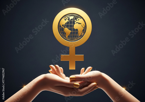 Golden female symbol with earth inside and open hands below against a dark background