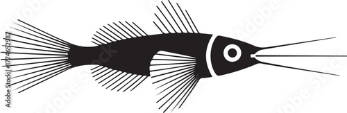 Stylized vector outline of a threadfin fish swimming gracefully with long dorsal filaments on a dark background