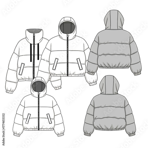 Fashion design illustration showing various views of a puffer jacket with a hood.