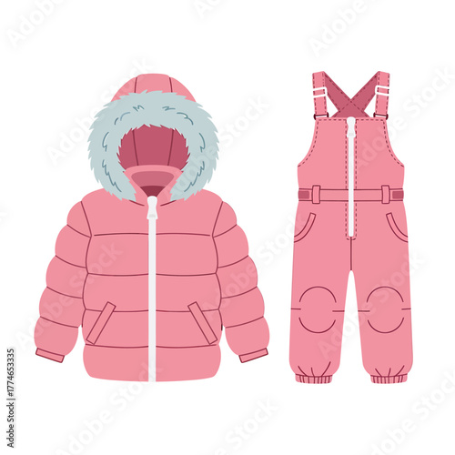 Illustration of a pink winter jacket with a fur-trimmed hood and matching snow pants, isolated on a white background.
