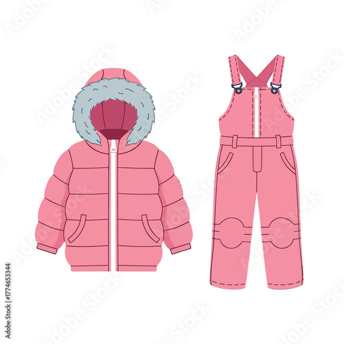 Pink winter outfit for children: a puffer jacket with a fur-trimmed hood and matching snow pants with suspenders.