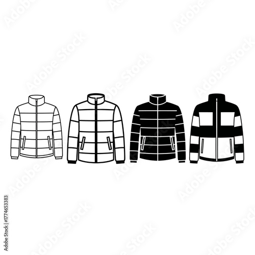Four stylized illustrations of puffer jackets, showcasing different color schemes and designs.