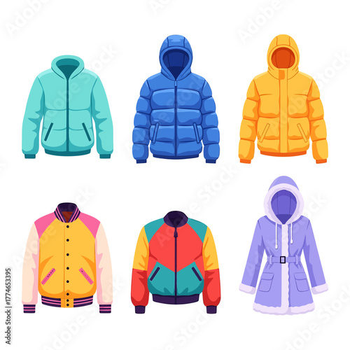 A collection of six different colorful winter jackets and coats with various styles and designs.
