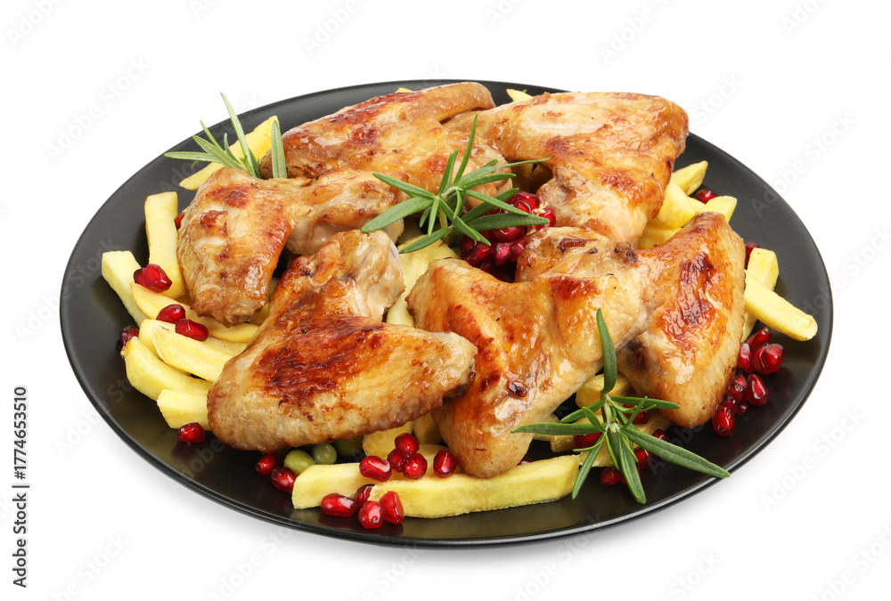 Fototapeta premium Delicious grilled chicken wings with french fries, pomegranate seeds and rosemary isolated on white