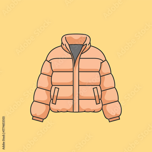 Illustration of a light orange puffer jacket with a gray interior, isolated on a yellow background.